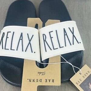 Rae Dunn Relax Relax Black & Ivory Slides/Sandals - New w/Tags